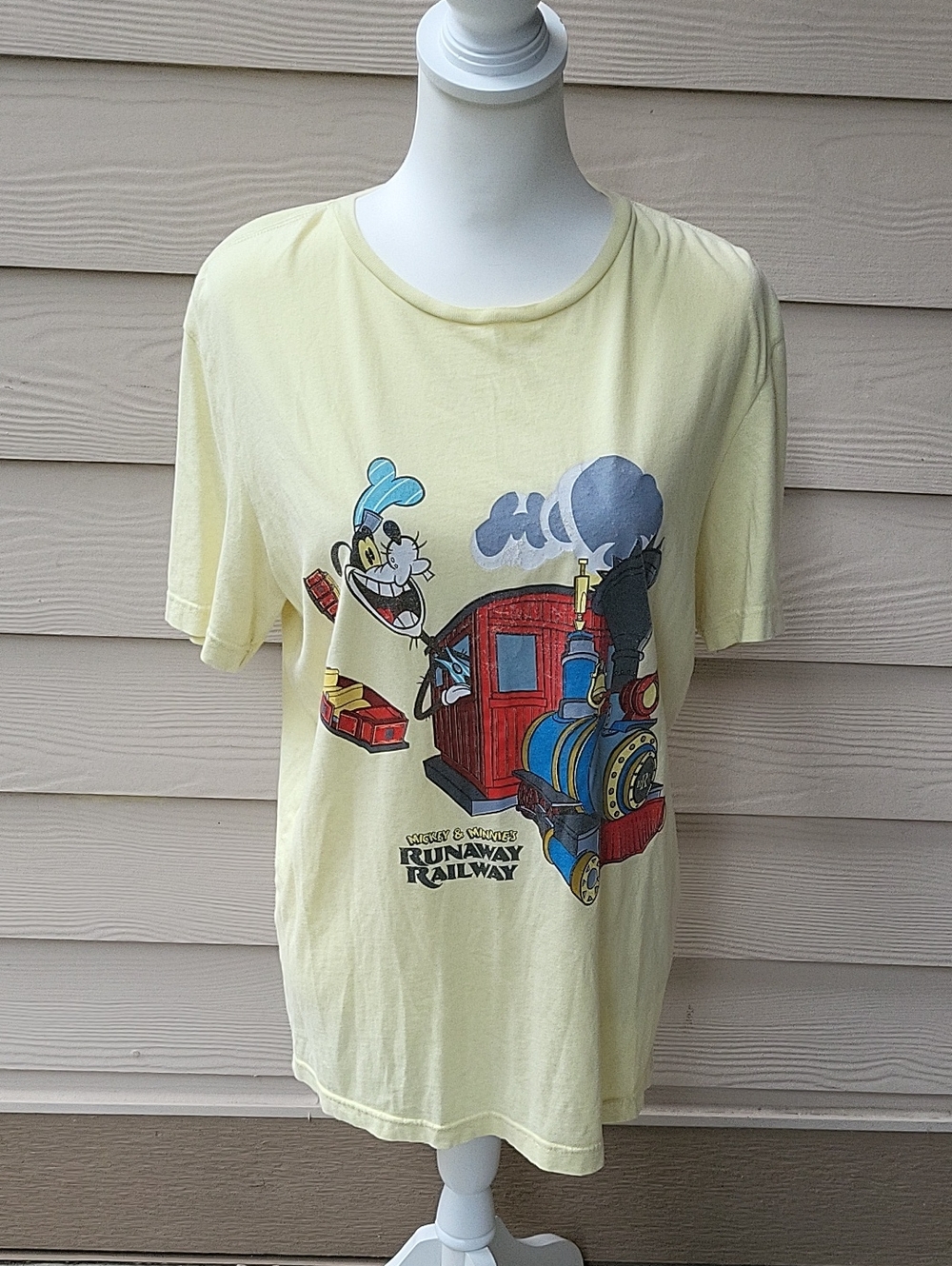 Disney Runaway Railway Cartoon Tee Pale Yellow Graphic T-Shirt Size Small